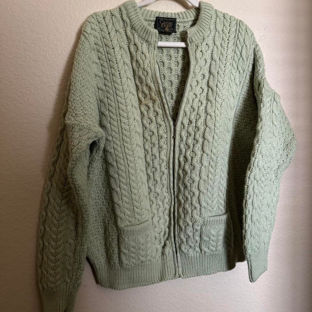 Vintage Carraig Donn Irish Merino Wool Chunky Cable Knit Zip Up Sweater sz‎ XL
